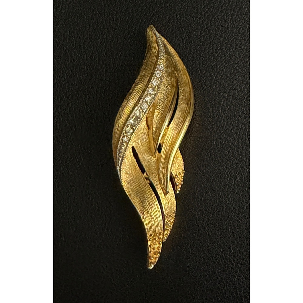 Vintage Rhinestone Brooch Flame Leaf Gold Tone Pin